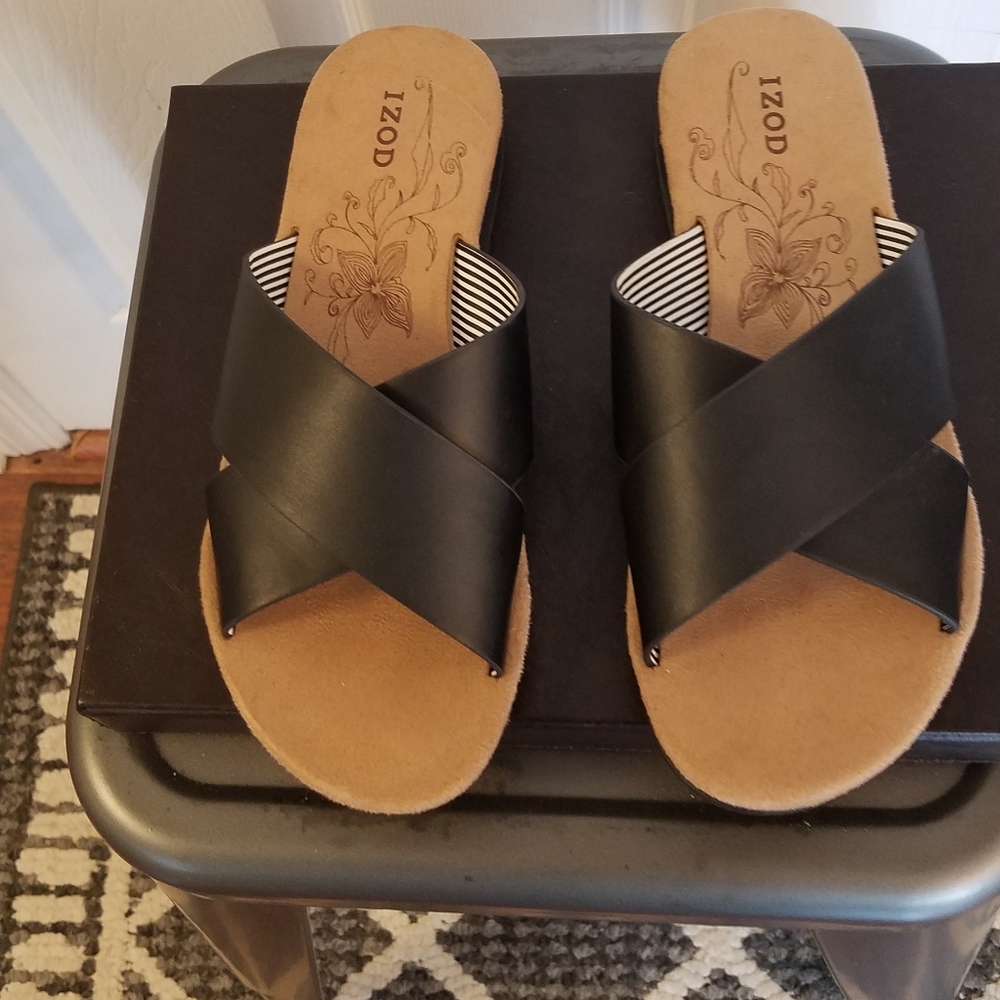 Izod Women's Black Flip Flop Open Toe Cross Strap Slip On Size 6M